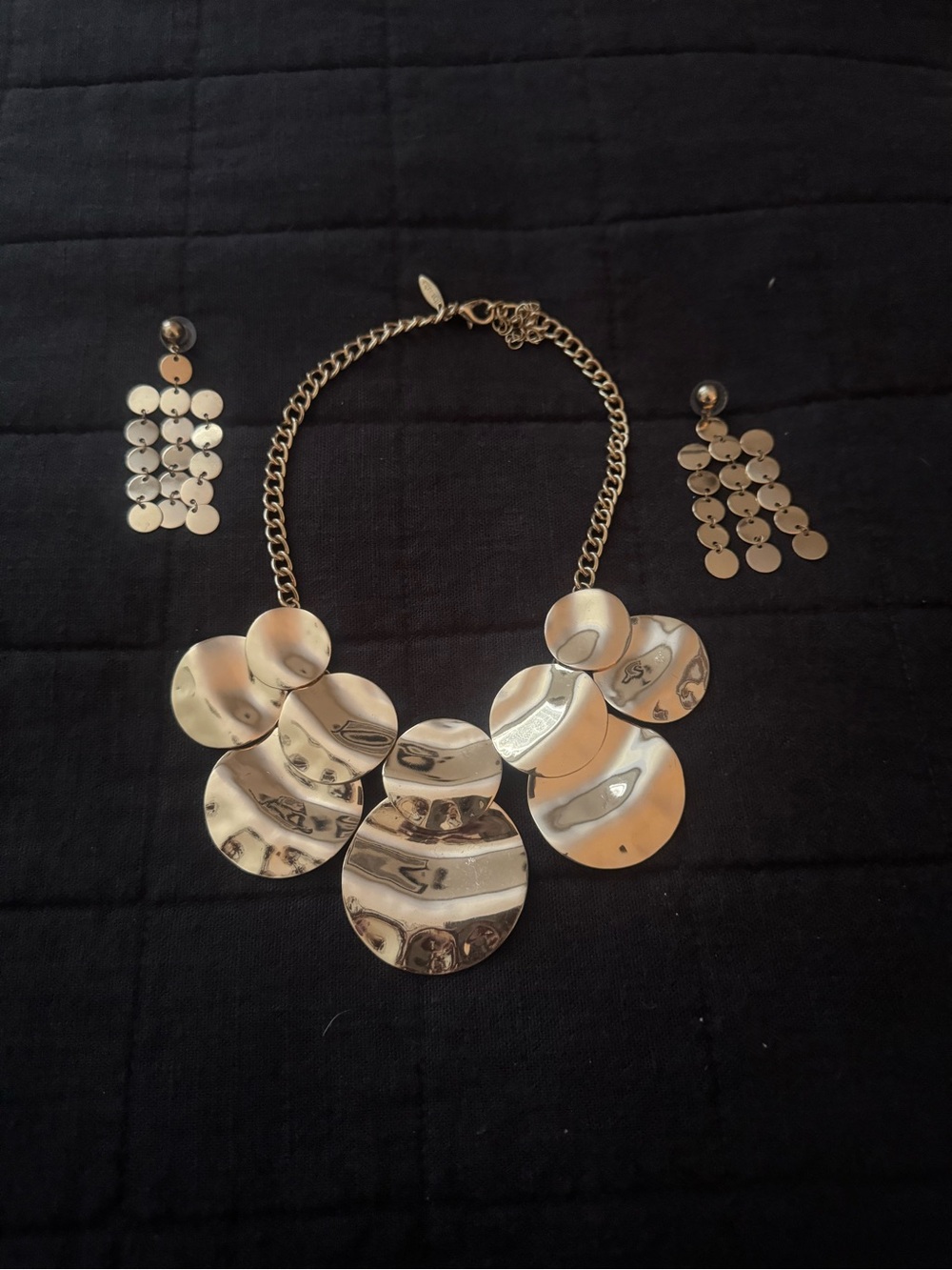 Natasha Couture Polished Gold Disc Statement Necklace with Matching Earrings